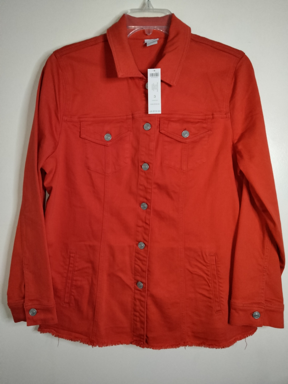 Chico's -Sz 3/XL/16- Orange Button Down Fray Hem LS Pocket Denim Jacket NEW-NWT